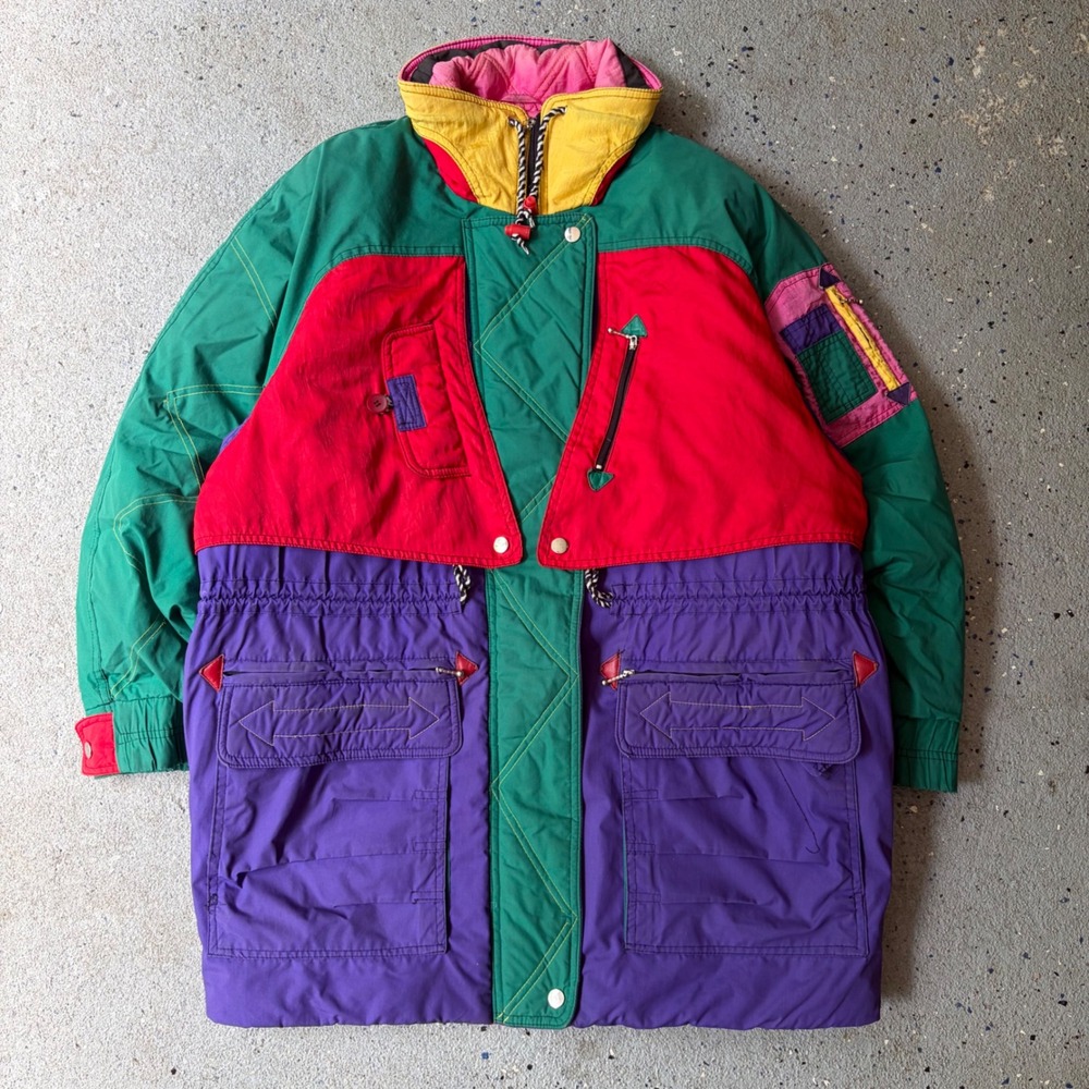 Vintage J Gallery Down Colorblock Parka Jacket Green Red Purple Mens Medium